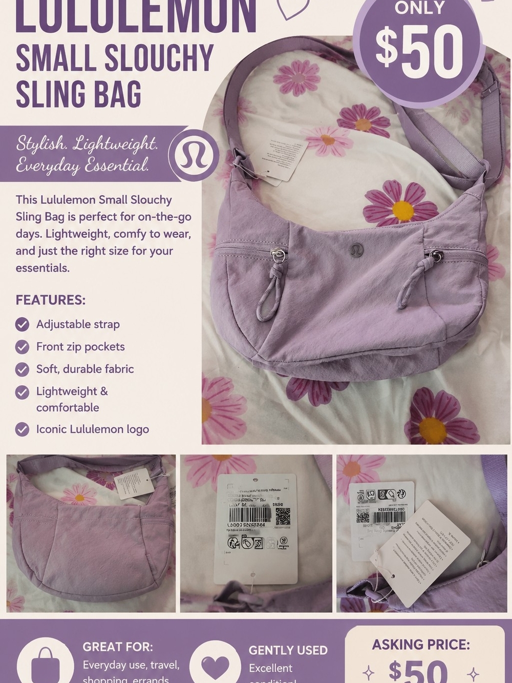 lululemon athletica Small Slouchy Sling Bag — Lavender
